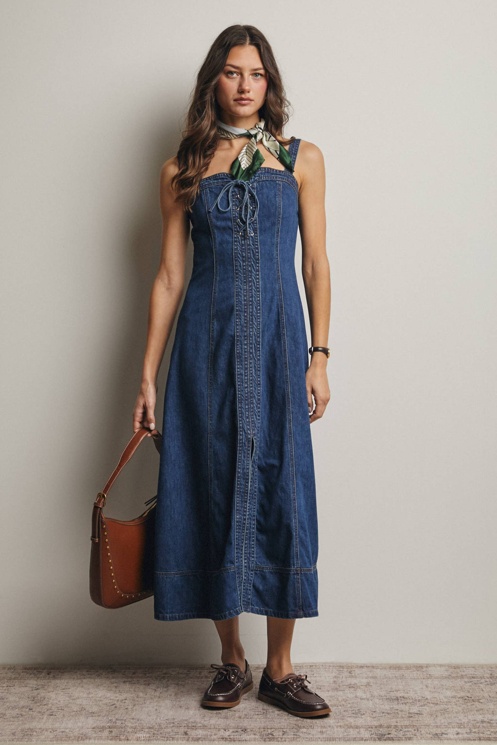 Lace-Up Denim Maxi Dress