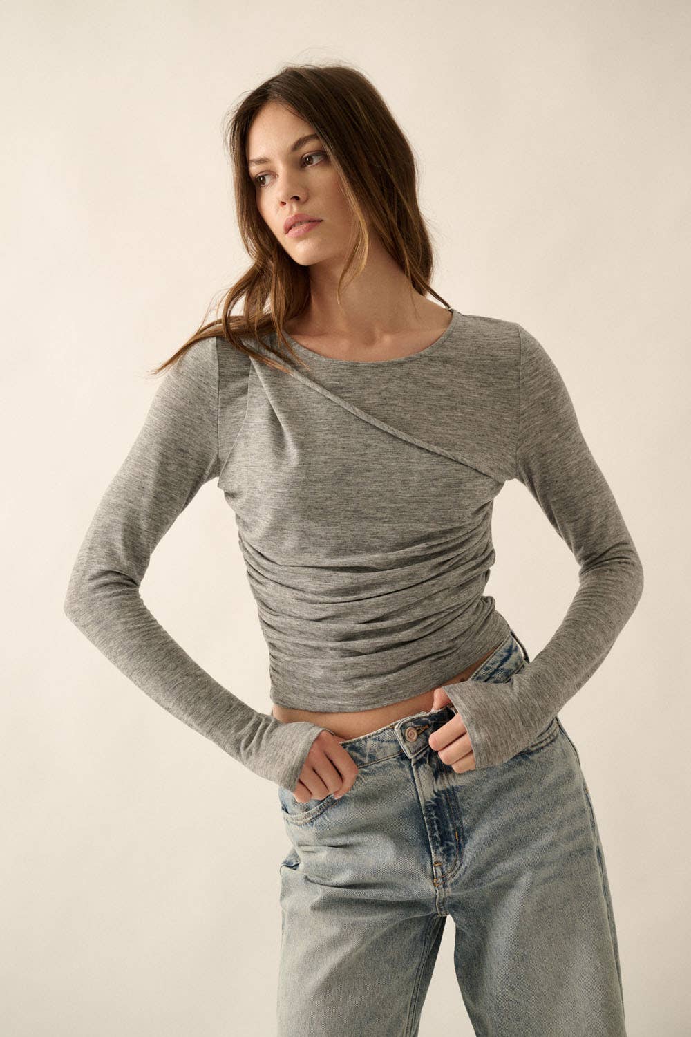 Solid Ruched-Bodice Knit Top