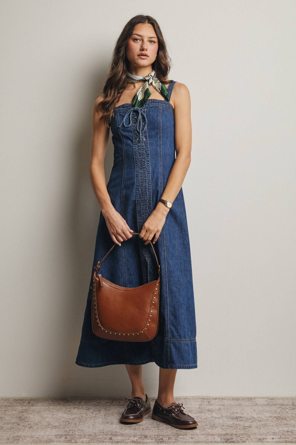 Lace-Up Denim Maxi Dress