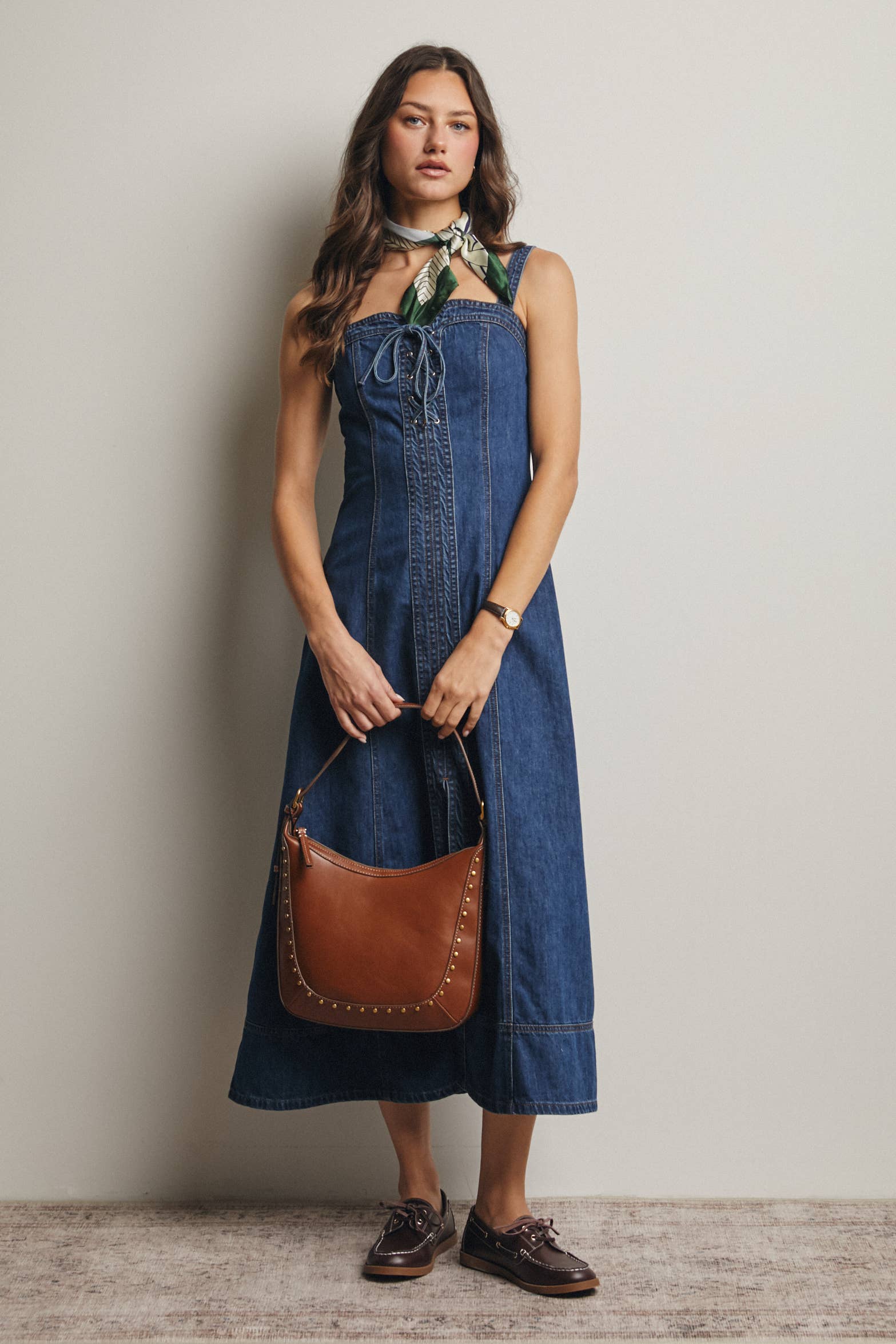 Lace-Up Denim Maxi Dress