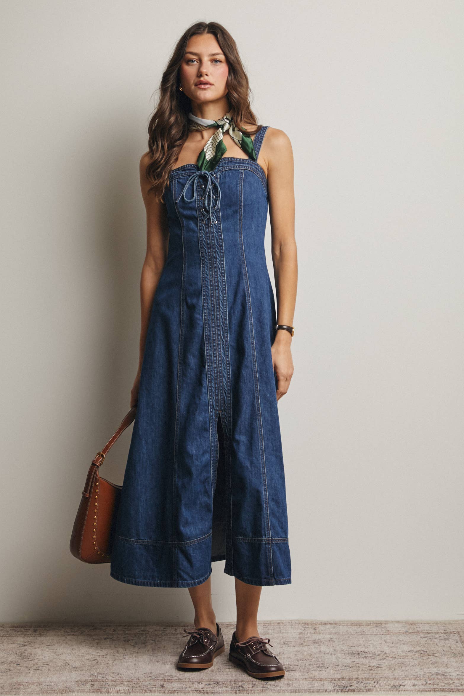 Lace-Up Denim Maxi Dress