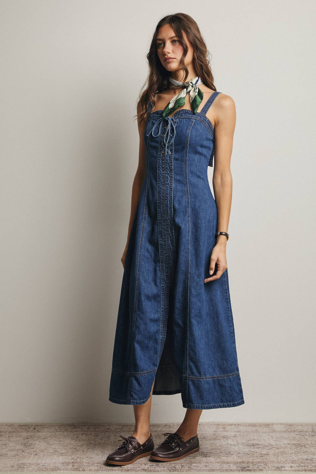 Lace-Up Denim Maxi Dress
