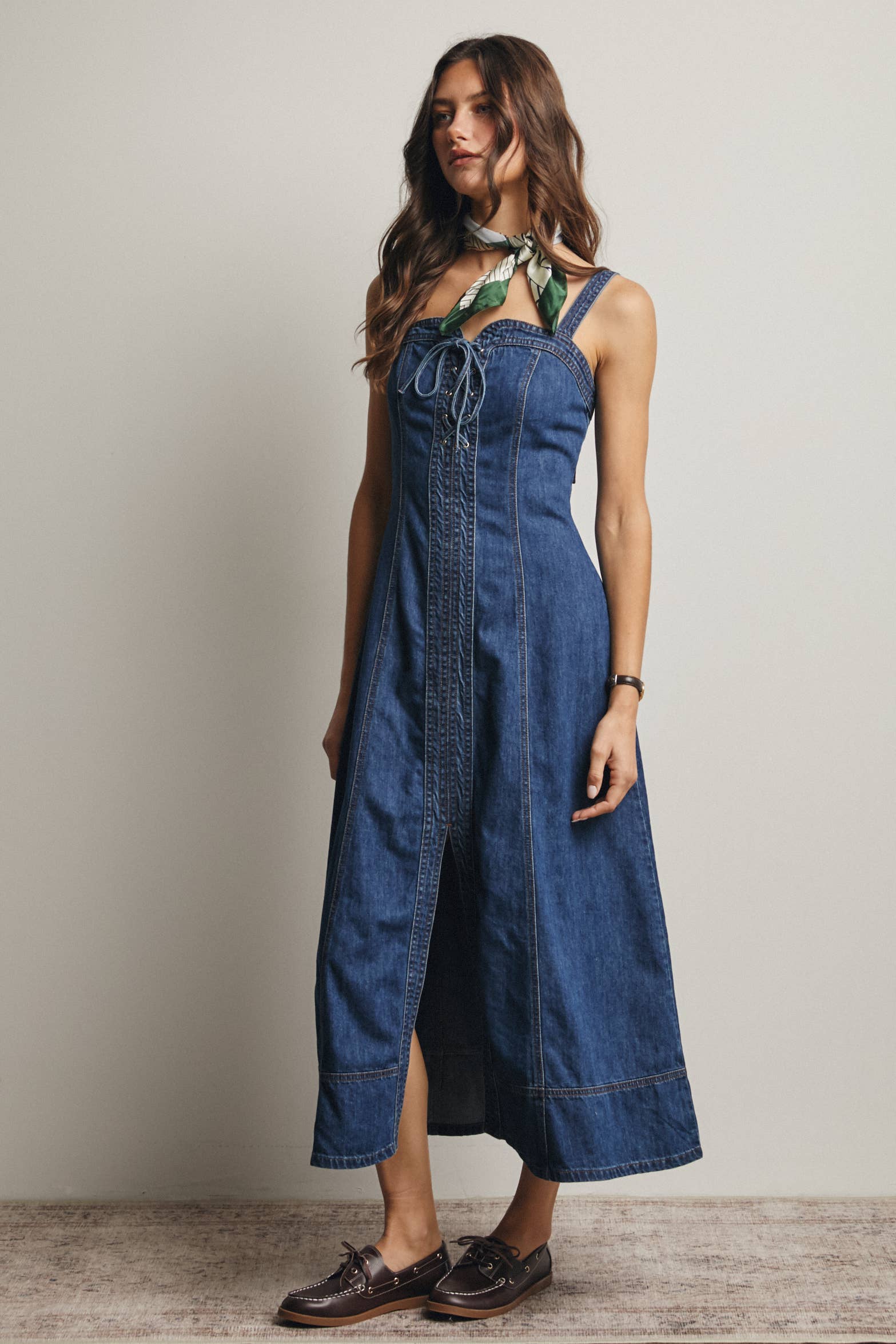 Lace-Up Denim Maxi Dress